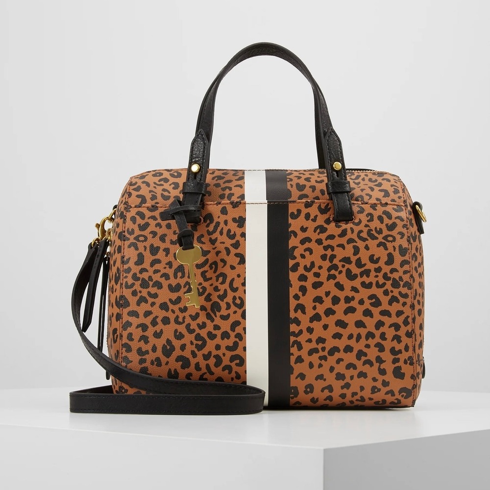 Fossil Rachel Satchel Leopard Print Crossbody Bag Brown White Stripe 10.5X8
